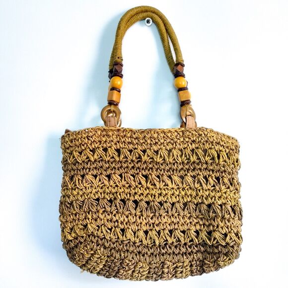 Boho Vintage Toyo Straw Woven Bag Wooden Beads Leather Handles 12"x8" Natural - Picture 1 of 11